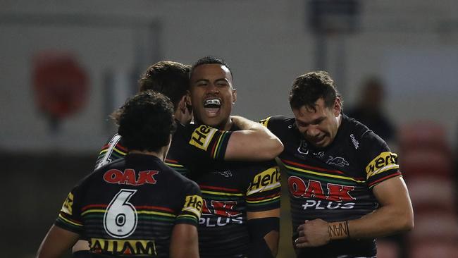 Penrith's Stephen Crichton celebrates after scoring a try during the Penrith v Cowboys NRL match at Panthers Stadium, Penrith. Picture: Brett Costello