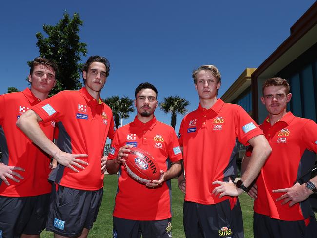 Suns draftees Caleb Graham, Ben King, Izak Rankine, Jack Lukosius and Jez McLennan. Picture: Chris Hyde/Getty Images