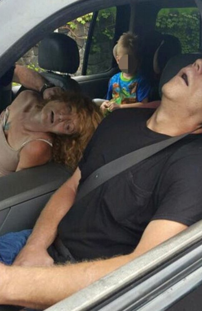 Ohio police shared this shocking image showing Rhonda Pasek and James Acord passed out from heroin. Picture: Supplied