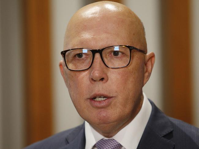 SYDNEY, AUSTRALIA - NewsWire Photos APRIL 3rd, 2024:  Leader of the opposition Peter Dutton speaking at a press conference after giving  the keynote address at the COSBOA (Council of Small Business Organisations Australia) Summit at the Sofitel , Darling harbour.  Picture: NCA NewsWire / John Appleyard