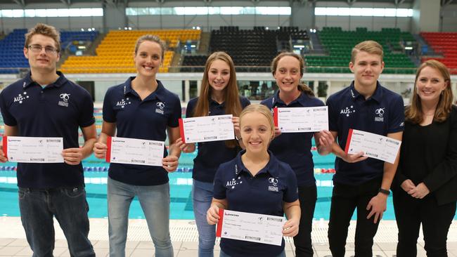 Swimmers Sean Russo, Ellie Cole, Jenna Jones, Tiffany Thomas Kane, Prudence Watt, Timothy Hodge and Chef de Mission of the 2016 Australian Paralympic Team Kate McLoughlin. Picture: Rohan Kelly