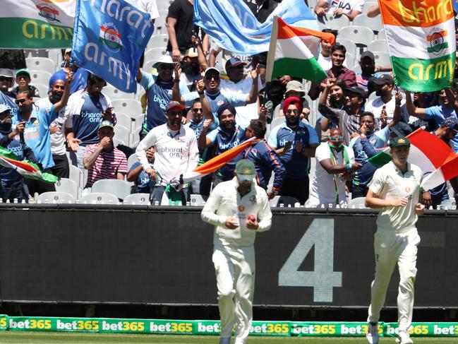 Boxing Day cricket Test Match at the Melbourne Cricket Ground (MCG). Day 4. 29/12/2020.  Indian fans celebrate a Ajinkya Rahane boundary  . Pic: Michael Klein