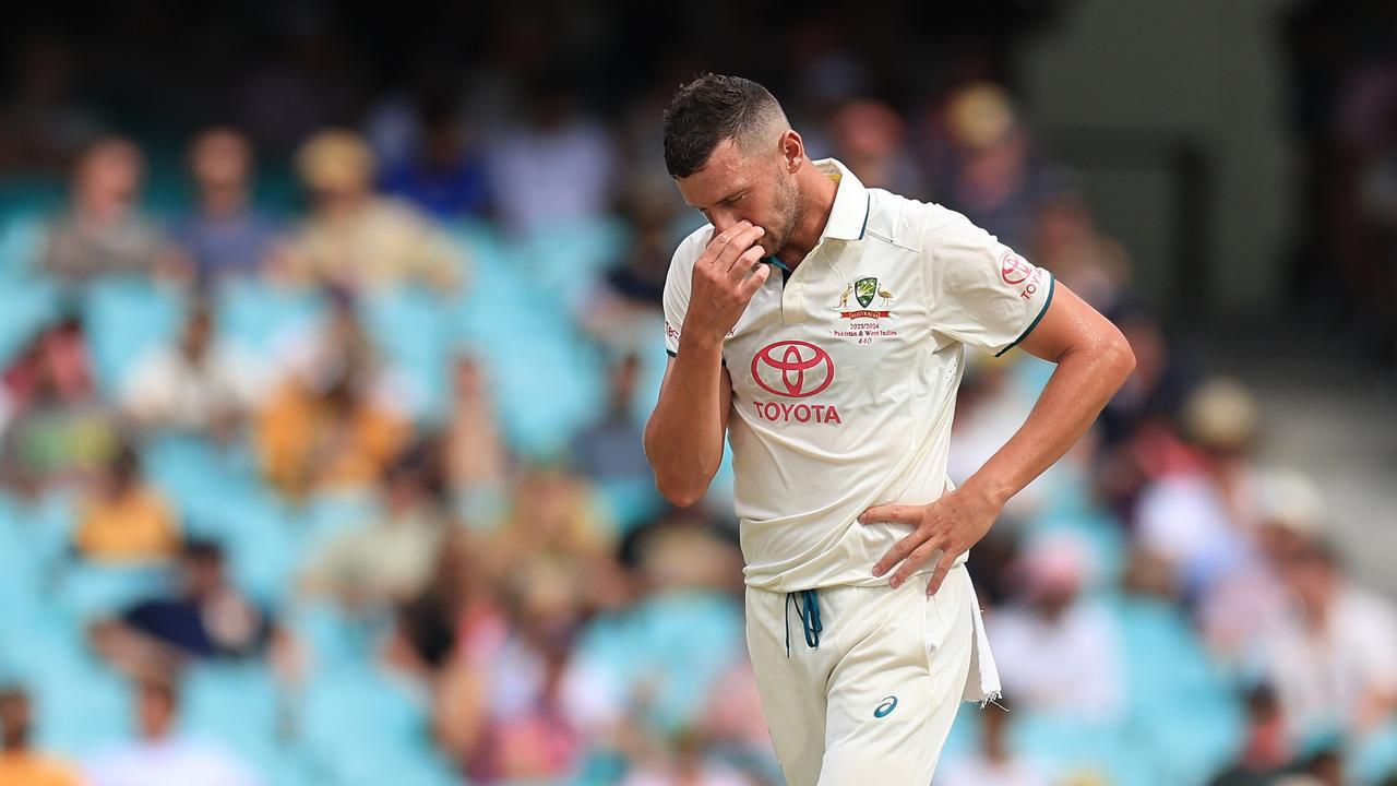 Josh Hazlewood reacts to the Pakistan tail wagging on day one. Picture: Getty