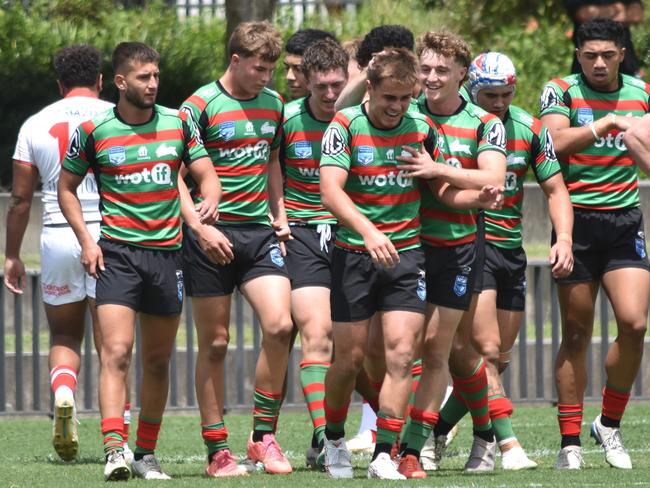 Matthew Humphries is congratulated after scoring the opening try. Picture: Sean Teuma