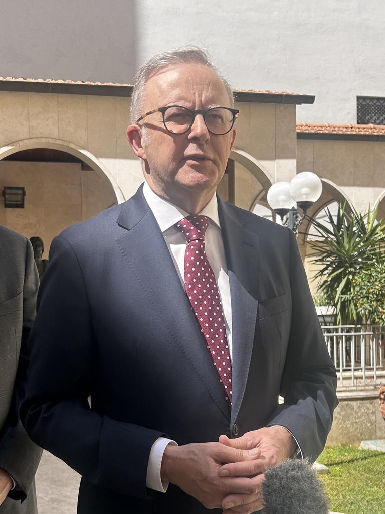Prime Minister Anthony Albanese speaking in Rome ahead of Pope Leo XIV’s inauguration. Picture: Sophie Elsworth
