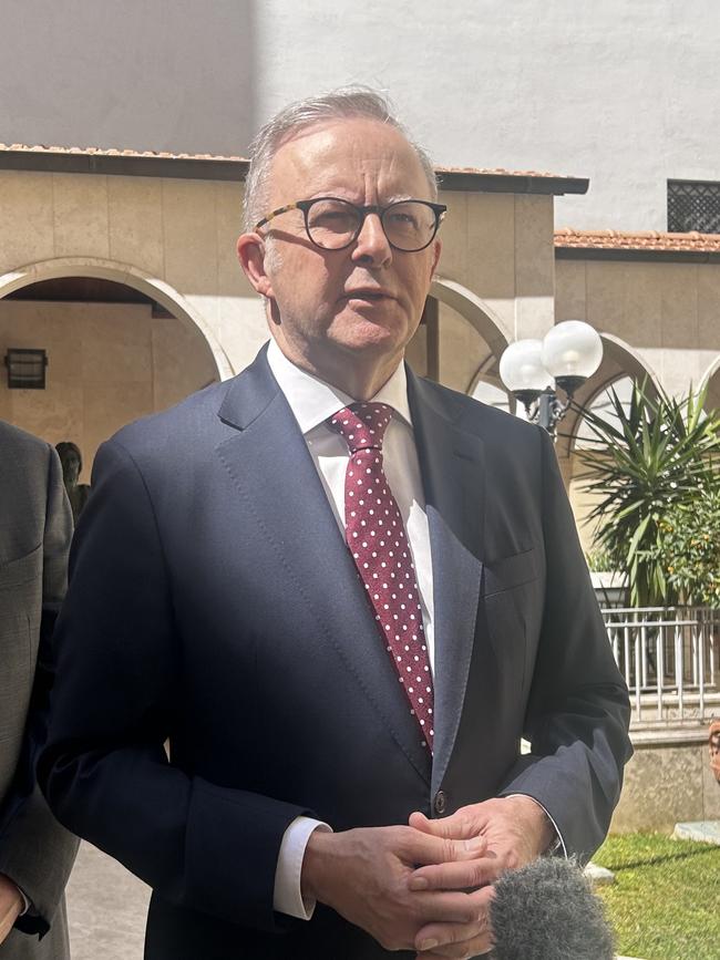 Prime Minister Anthony Albanese speaking in Rome ahead of Pope Leo XIV’s inauguration. Picture: Sophie Elsworth