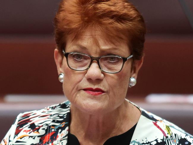 CANBERRA, AUSTRALIA-NCA NewsWire Photos FEBRUARY 24 2020: Pauline Hanson delivering a speech (on Christine Holgate, former Aus Post boss) in the Senate chamber in Parliament House in Canberra. Picture: NCA NewsWire / Gary Ramage