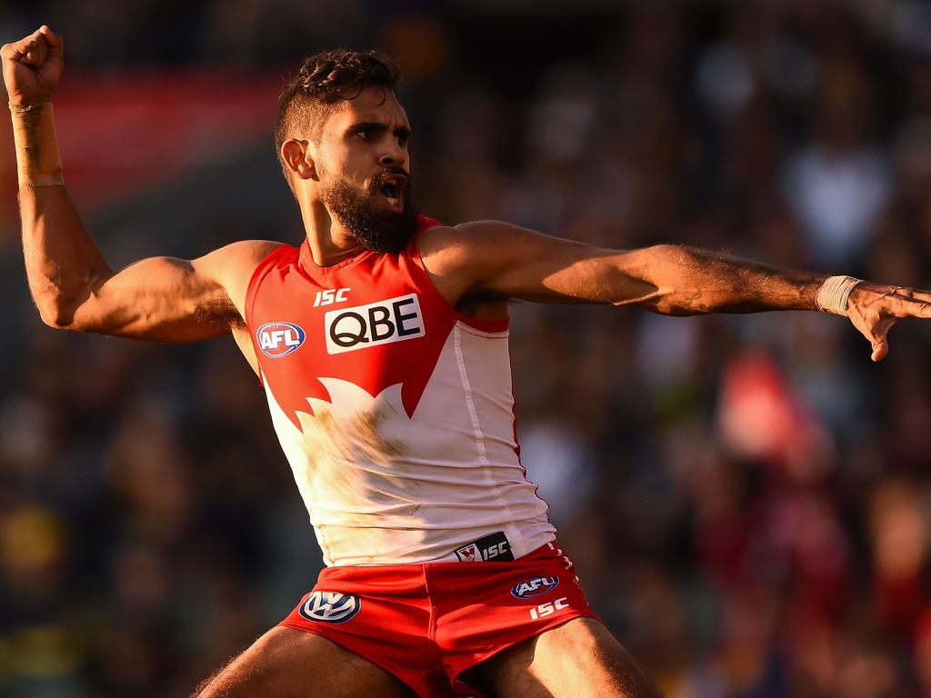 The racist booing of Goodes deeply affected his Swans teammate Lewis Jetta. When Sydney travelled to Perth to play West Coast in 2015, the hostile crowd jeered Goodes every time he touched the ball. Jetta was sick of it, so when he kicked a goal early in the fourth quarter, slapped his arms and mimed throwing a spear. “He’s a superstar of the game, a superstar for the Swans, fans should show more respect for what he’s done for the game,” Jetta said. “All this booing stuff needs to be thrown out the window.” Photo: Daniel Carson/AFL Media/Getty Images.