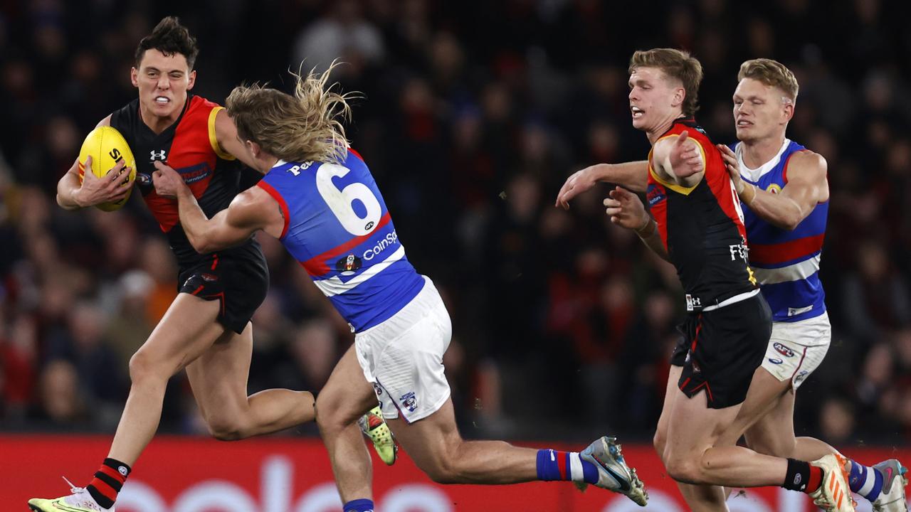 Bailey Smith tackles Jye Caldwell in the Bulldogs’ win. Picture: Darrian Traynor/Getty Images