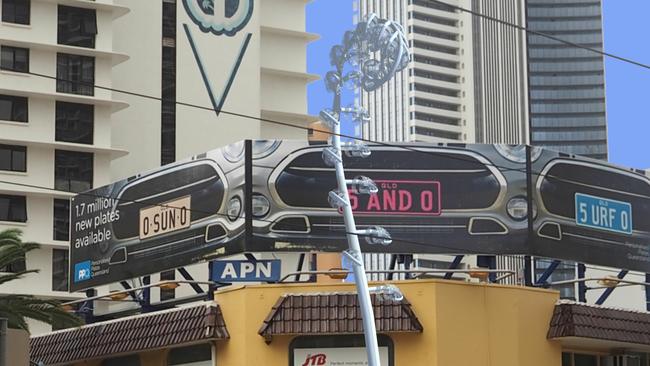 At artist impression of the stainless steel shield ferns, standing 11 metres tall in their original location on Surfers Paradise Blvd. Picture: Supplied