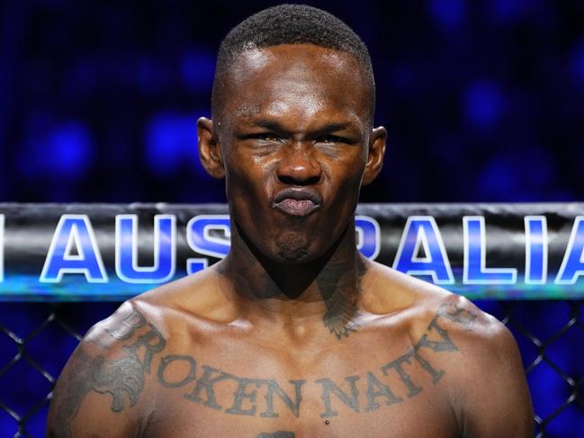 PERTH, AUSTRALIA - AUGUST 18: Israel Adesanya of Nigeria prepares to face Dricus Du Plessis of South Africa in the UFC middleweight championship fight during the UFC 305 event at RAC Arena on August 18, 2024 in Perth, Australia. (Photo by Jeff Bottari/Zuffa LLC)