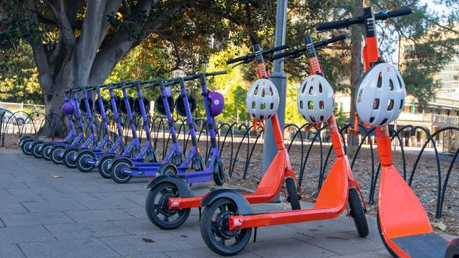 E-scooters from Beam and Neuron parked in the Adelaide CBD.