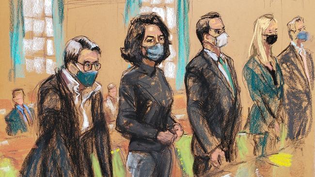 A court sketch of Ghislaine Maxwell standing before US District Judge Alison J. Nathan with her defense team of Bobbi Sternheim, Christian Everdell, Laura Menninger, Jeffrey Pagliuca during a pre-trial hearing. Picture: Reuters