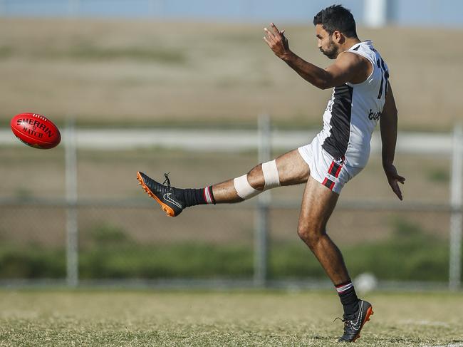 Bonbeach’s Trent Dennis-Lane kicks one of his five goals.