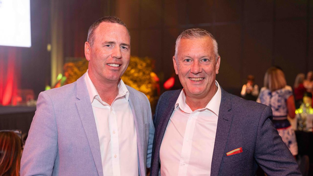 Simon Fitzgibbon and Mark Evans at the Gold Coast Suns Long Lunch at The Star Gold Coast. Picture: Celeste Humphrey (The Pulse with Portia Large).