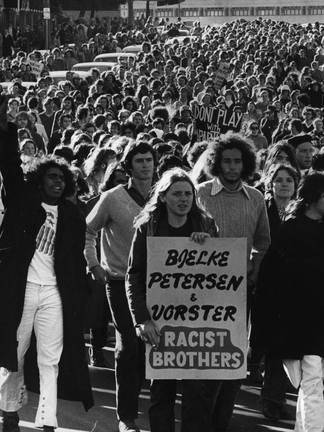 Protesters in Brisbane in 1971 demonstrate against the South African rugby tour.