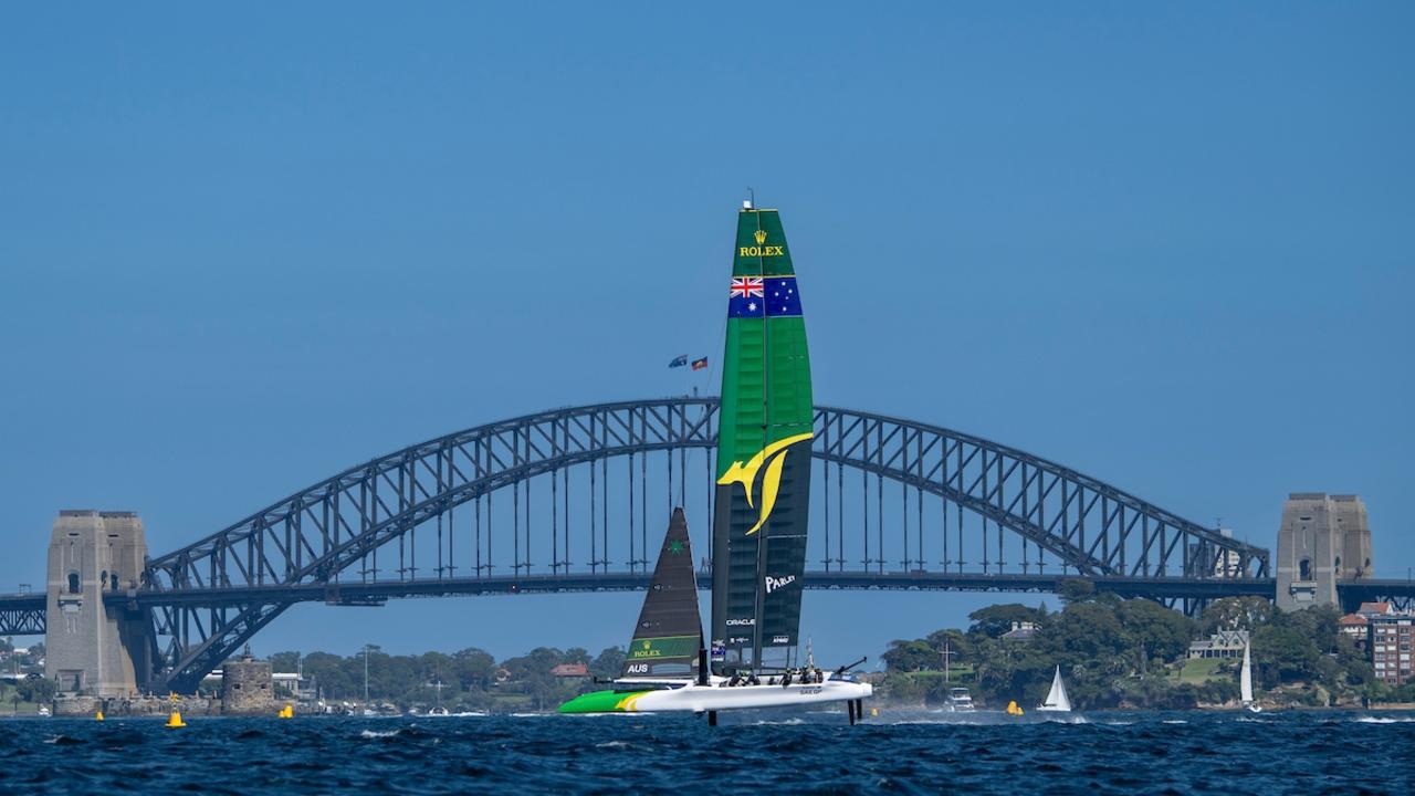 Australia SailGP Team helmed by Tom Slingsby in action in front of the Sydney Harbour Bridge ahead of the KPMG Australia Sail Grand Prix in Sydney. Picture: Ricardo Pinto for SailGP.