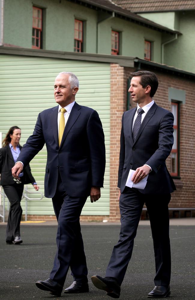 Ms Cronin has accused federal Education Minister Simon Birmingham and Prime Minister Malcolm Turnbull, pictured here at North Strathfield Public School this morning, of inadequate consultation about the changes. Picture: Toby Zerna