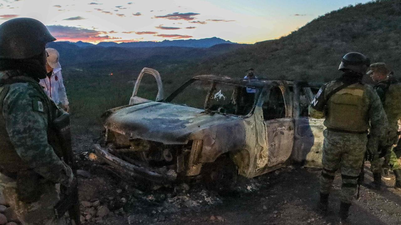 Ms Miller’s car after they were attacked by cartels. Picture: Herika Martinez/AFP