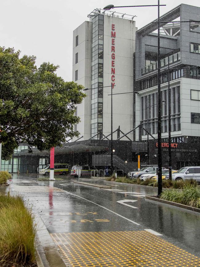 Ambulances parked at the Gold Coast University Hospital after ramping on Tuesday night. Picture: Jerad Williams