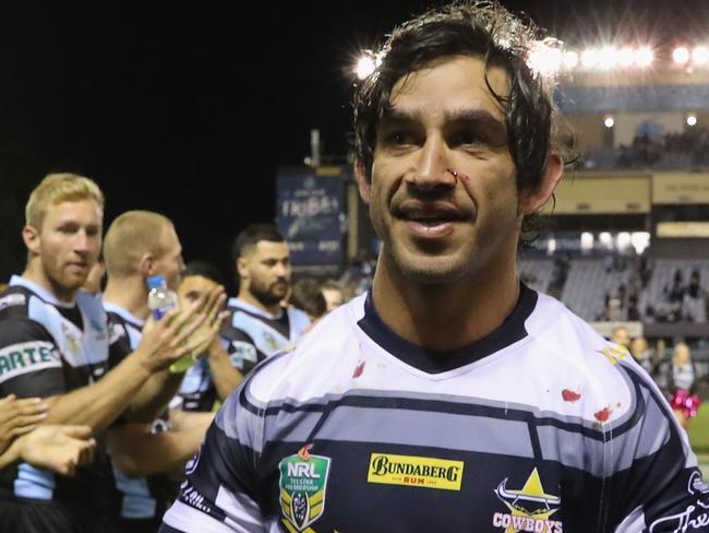 SYDNEY, AUSTRALIA - AUGUST 18:  Johnathan Thurston of the Cowboys is given a guard of honour after playing his last game at Cronulla during the round 23 NRL match between the Cronulla Sharks and the North Queensland Cowboys at Southern Cross Group Stadium on August 18, 2018 in Sydney, Australia.  (Photo by Mark Evans/Getty Images)