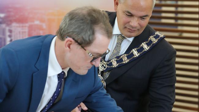 Mayor Tom Tate at Evandale, being sworn in by CEO Dale Dickson. Picture: Glenn Hampson.