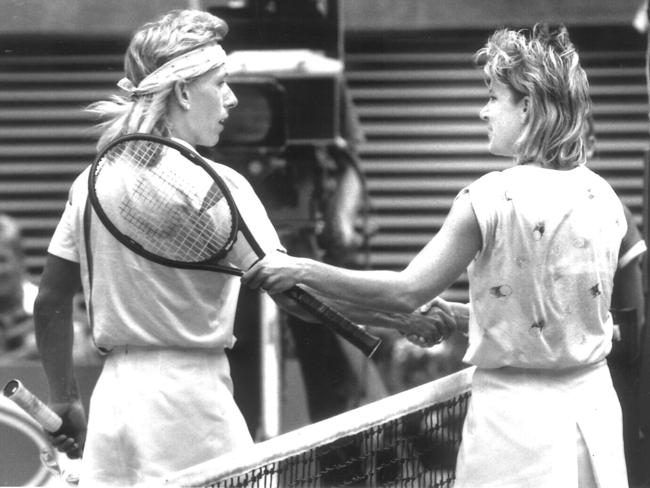 Martina Navratilova and Chris Evert after their semi-final clash in 1988 Australian Open.