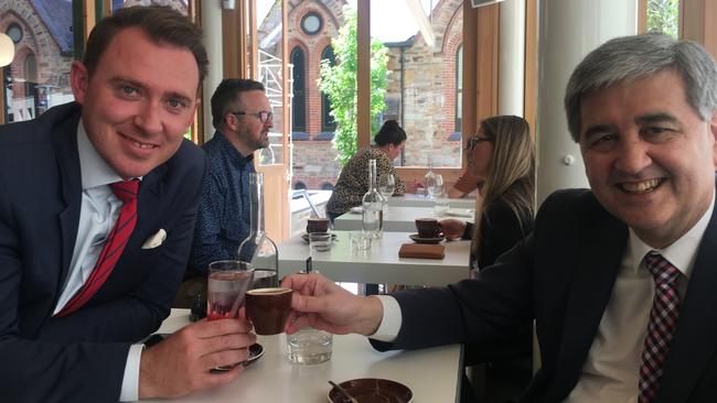 Property Council of Australia state executive director Daniel Gannon (L) and Treasurer Rob Lucas at Adelaide bistro Part Time Lover. Picture: Paul Starick