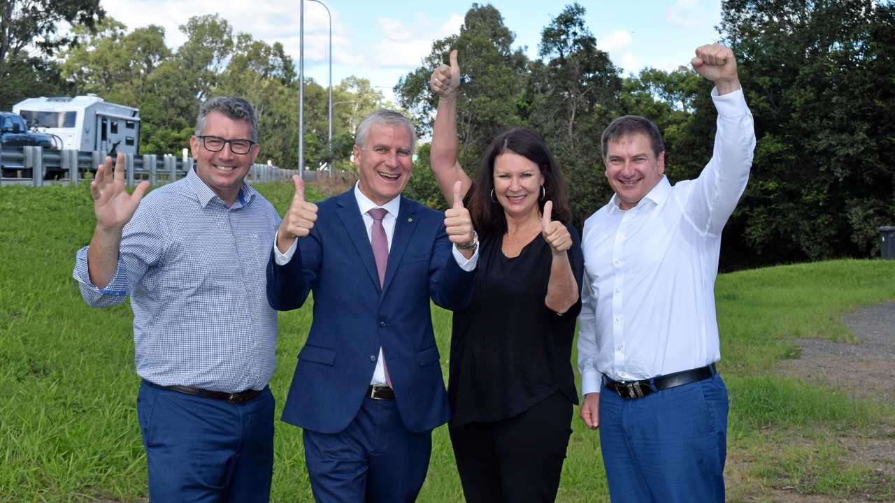 Keith Pitt, Deputy PM Michael McCormack, Shelley Strachan and Llew O'Brien celebrate $800 million funding for Section D. Picture: Scott Kovacevic