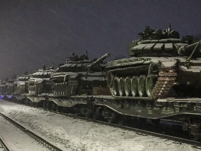 Russian Defence Ministry handout shows Russian tanks after joint exercises of the armed forces of Russia and Belarus. Picture: Handout / Russian Defence Ministry / AFP