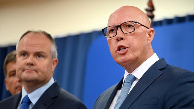 Opposition leader Peter Dutton in Brisbane with Opposition energy spokesman Ted O'Brien on Friday. Picture: NewsWire / John Gass