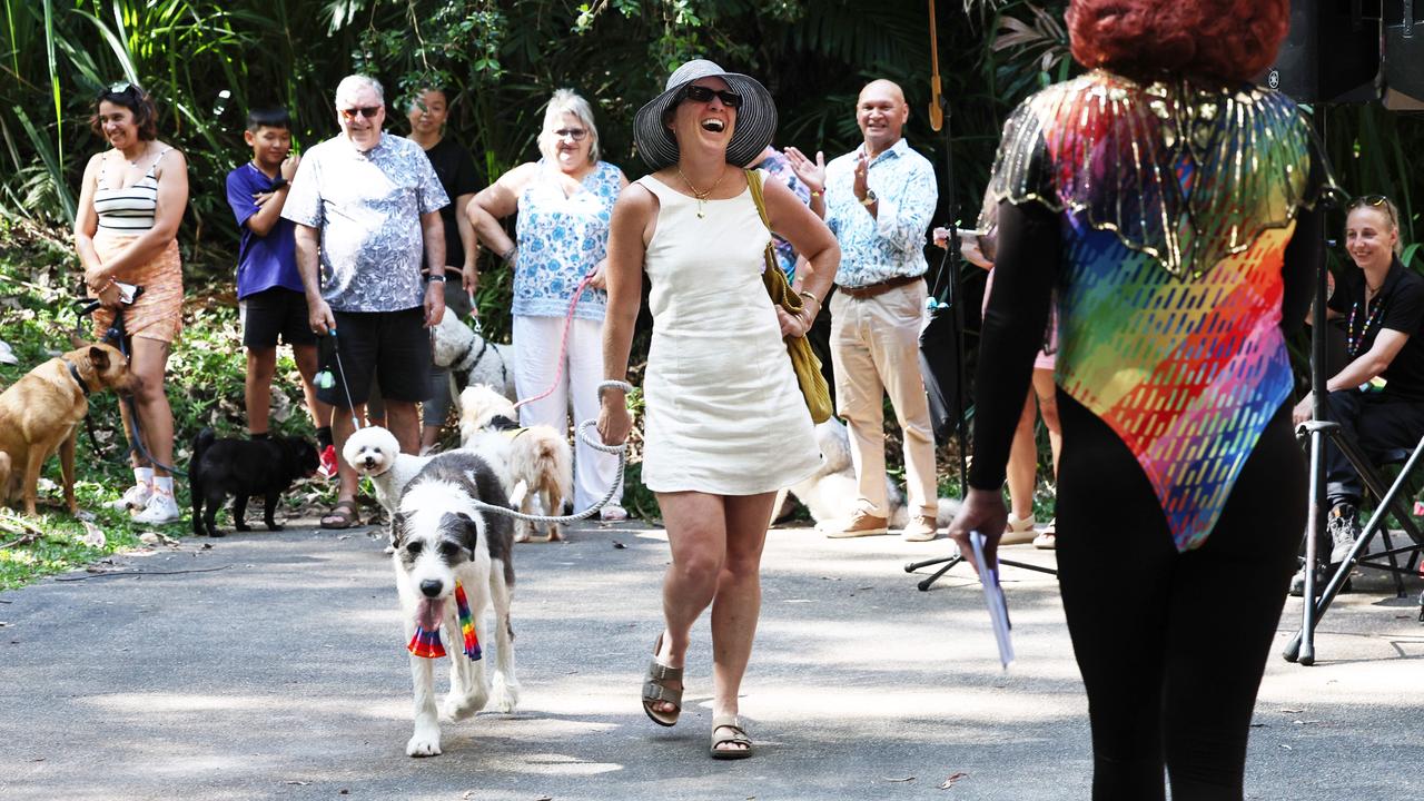 Rebecca Pevitt and her wolfhound Butcher participate in the dog competition at the Cairns Pride Festival's Pride Fair day, held at the Tanks Arts Centre, Edge Hill. Picture: Brendan Radke