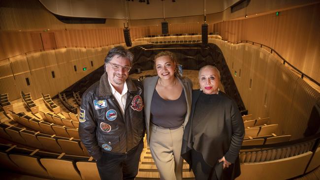 Young Tasmanian of the Year and NADOC Creative Talent Award winner Naarah (centre) returns to Hobart to be part of the Southern Gospel Choir's 25th anniversary concert series, Southern Gospel Choir director and founder Professor Andrew Legg and head of voice at the Tasmanian Conservatorium of Music and Southern Gospel Choir vocal coach Maria Lurighi at the Ian Potter Recital Hall at the Hedberg. Picture: Chris Kidd