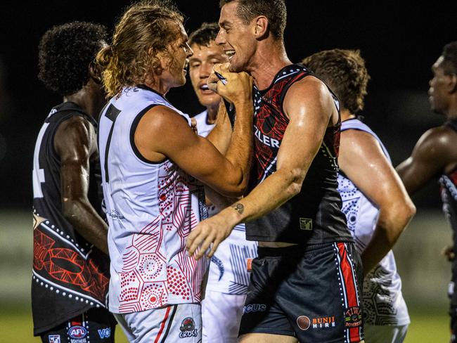 Jed Anderson and Sam Darley as Southern Districts took on the Tiwi Bombers in Round 3 of the 2024-25 NTFL season. Picture: Pema Tamang Pakhrin