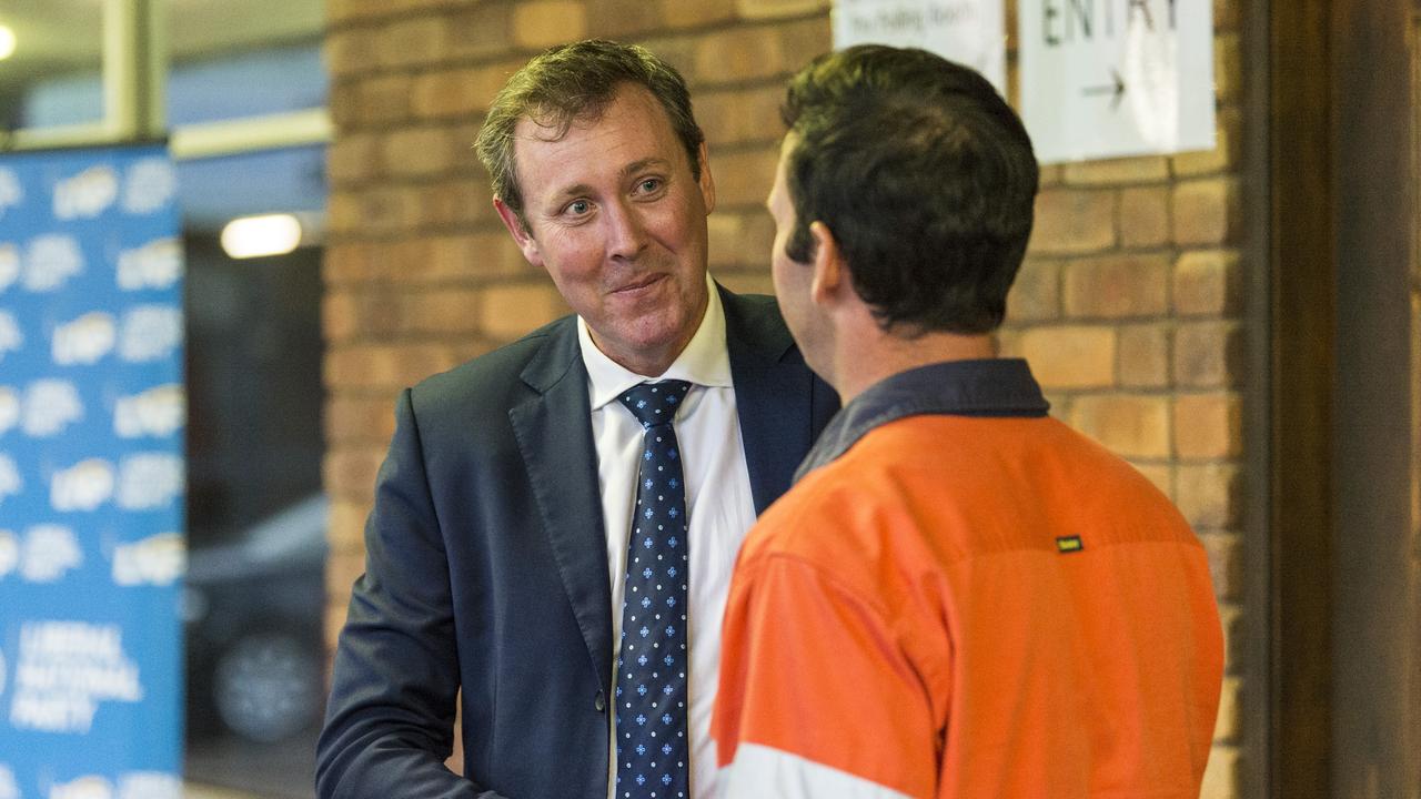 Groom LNP preselection winning candidate Garth Hamilton (left) talks to Senator Matt Canavan. Picture: Kevin Farmer