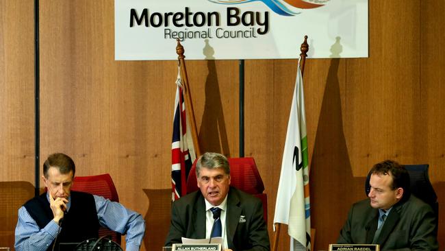 Outgoing council CEO Daryl Hitzman with outgoing mayor Allan Sutherland and suspended councillor Adrian Raedel in the council chamber in 2016. Picture: Richard Walker