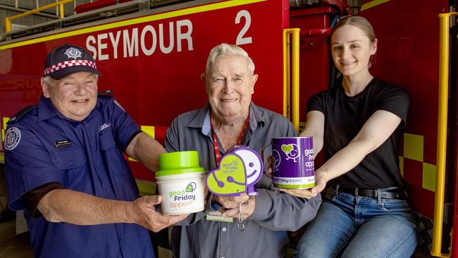 Wayne Herring (left) has been involved in fundraising efforts with Mick (centre) for about 15 years, while Mick’s granddaughter Bridget Robinson (right) is involved with the Hilldene fire brigade. Picture: Zoe Phillips