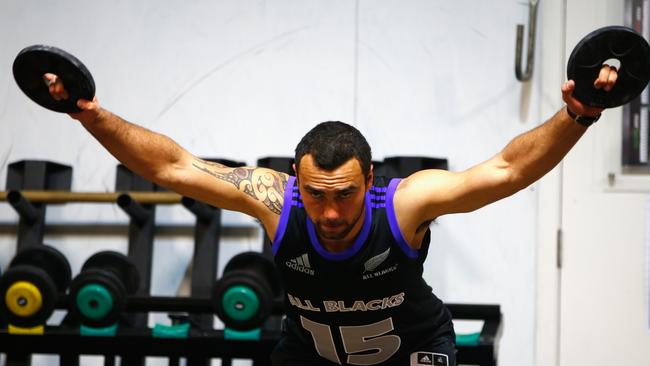 Charlie Ngatai of the All Blacks during a weight training session at Les Mills.