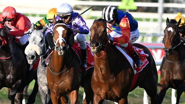 Espiona (inside) was narrowly beaten by Bella Nipotina in the Doomben 10,000. Picture. Grant Peters — Trackside Photography.