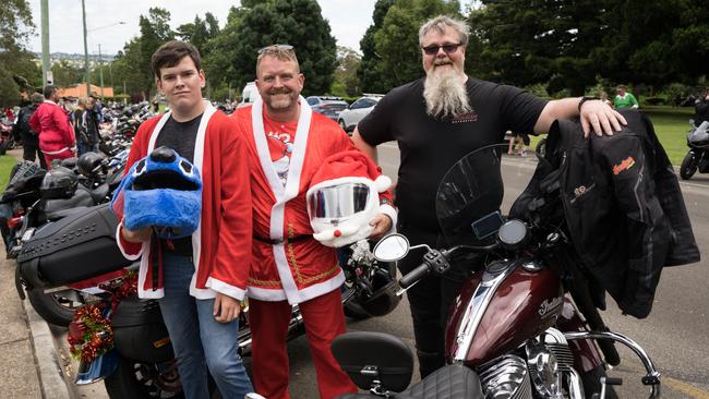 Silas and Sam Bartlett with Craig McMeekim at the Downs Motorcycle Sport Club 2024 toy run. Sunday, December 15, 2024. Picture: Christine Schindler