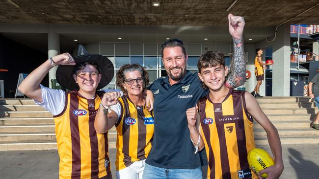 Jack Becker, Dani Becker, Chad Becker and Aziah Kammas at the Gold Coast Suns v Hawthorn AFL match at TIO Stadium. Picture: Pema Tamang Pakhrin