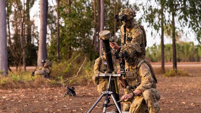 Australian Army soldiers from the 6th Battalion, The Royal Australian Regiment prepare the 81mm mortar at RAAF Base Scherger in Weipa North Queensland during Exercise Diamond Trident 2024. Photo: CPL Johnny Huang