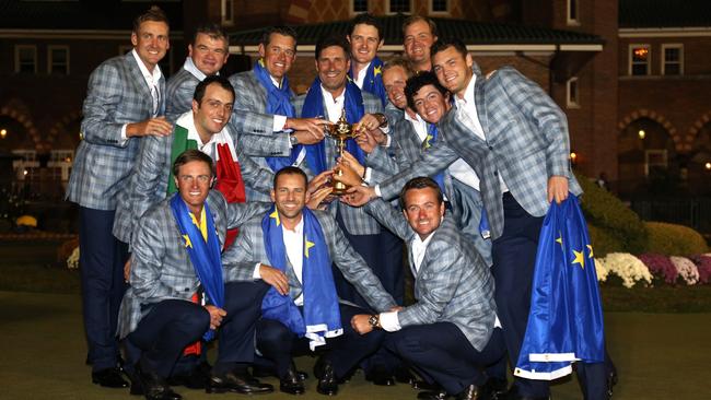 The European team poses with the Ryder Cup after beating the US at Medinah Country Cub in Chicago in 2012. Picture: AFP