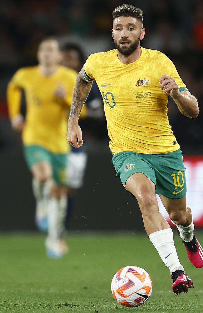 Brandon Borrello of the Socceroos runs with the ball during the International Friendly match between the Australia Socceroos and Ecuador at AAMI Park on March 28, 2023 in Melbourne, Australia. (Photo by Daniel Pockett/Getty Images)