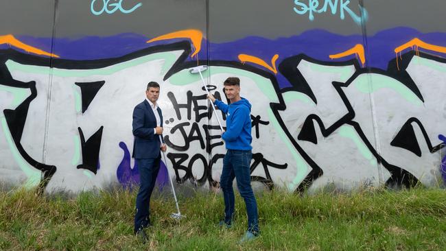 Victorian Liberal Party leader Brad Battin and MP Nick McGowan are committed to getting rid of grubby graffiti. Picture: Jason Edwards