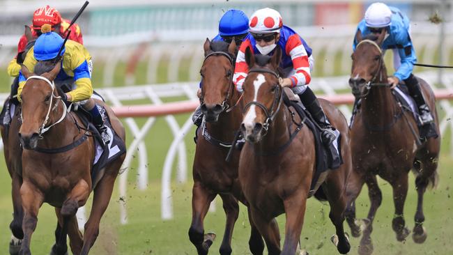 Smart colt Sejardan (white and red cap) will be closing off strongly. Picture: Getty Images