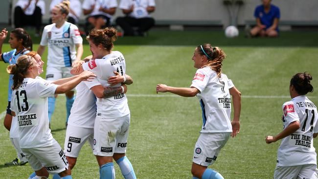 Melbourne City players celebrate scoring against Sydney FC in last season’s W-League grand final.