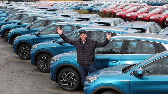 Mark Harland, chief operating officer of BYD distributor EV Direct, with hundreds of electric cars. Picture: Alex Coppel.