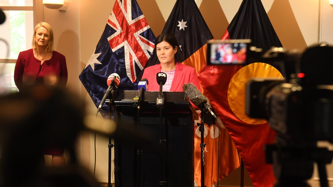 Newly appointed Chief Minister Natasha Fyles addresses media with Deputy Chief Minister Nicole Manison. Picture: (A)manda Parkinson