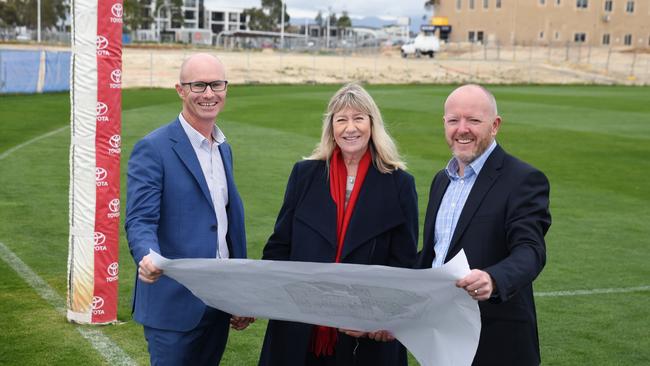 Uniting SA’s executive manager of property and housing, Mark Hayward, and chief executive, Libby Craft, with Kennett Builders executive director of corporate and strategy James Kennett, at the West housing development. Picture: Catherine Leo